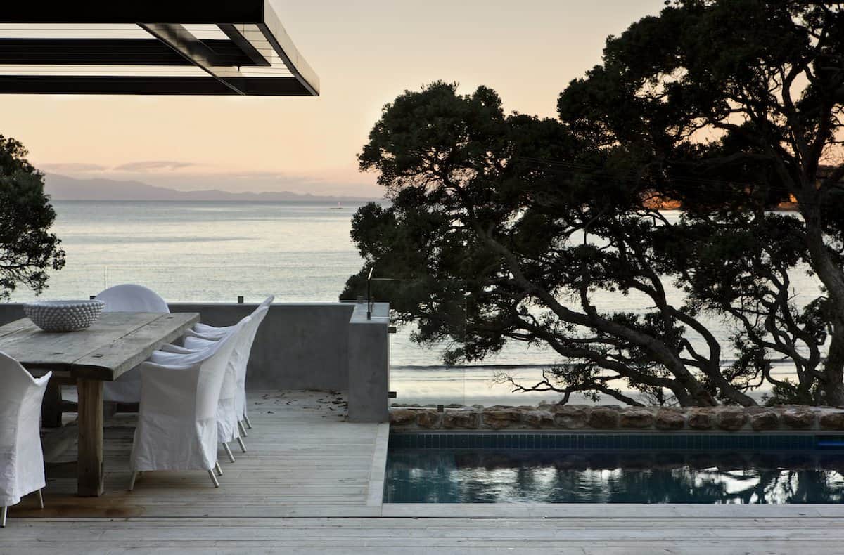 Waiheke Island home with striking stacked stone facade
